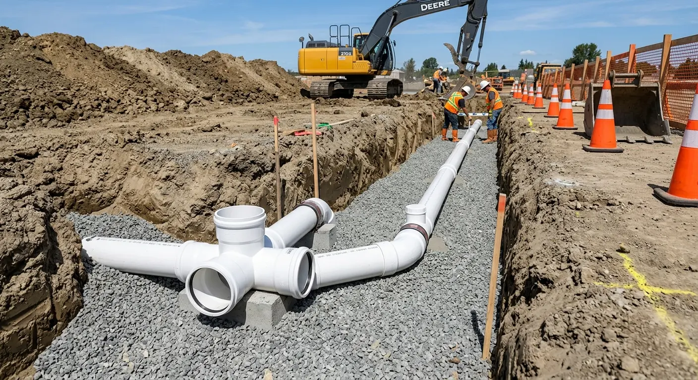 New PVC sewer pipe installation in open trench for Commercial Drain Cleaning in Perth Amboy