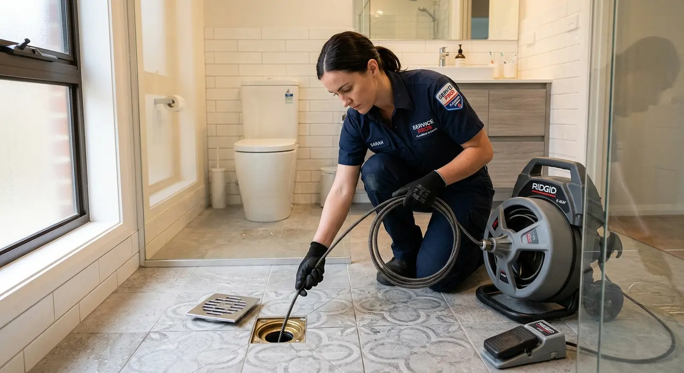 Technician clearing a bathroom floor drain for Clogged Drain Repair in Perth Amboy